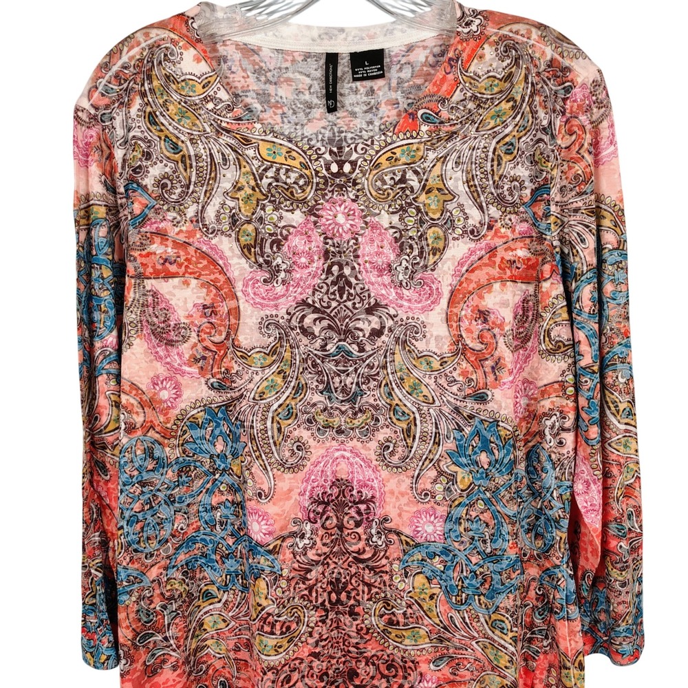 NWT Womens L New Directions Essential Tee Multicolor Paisley Boho Studded T145